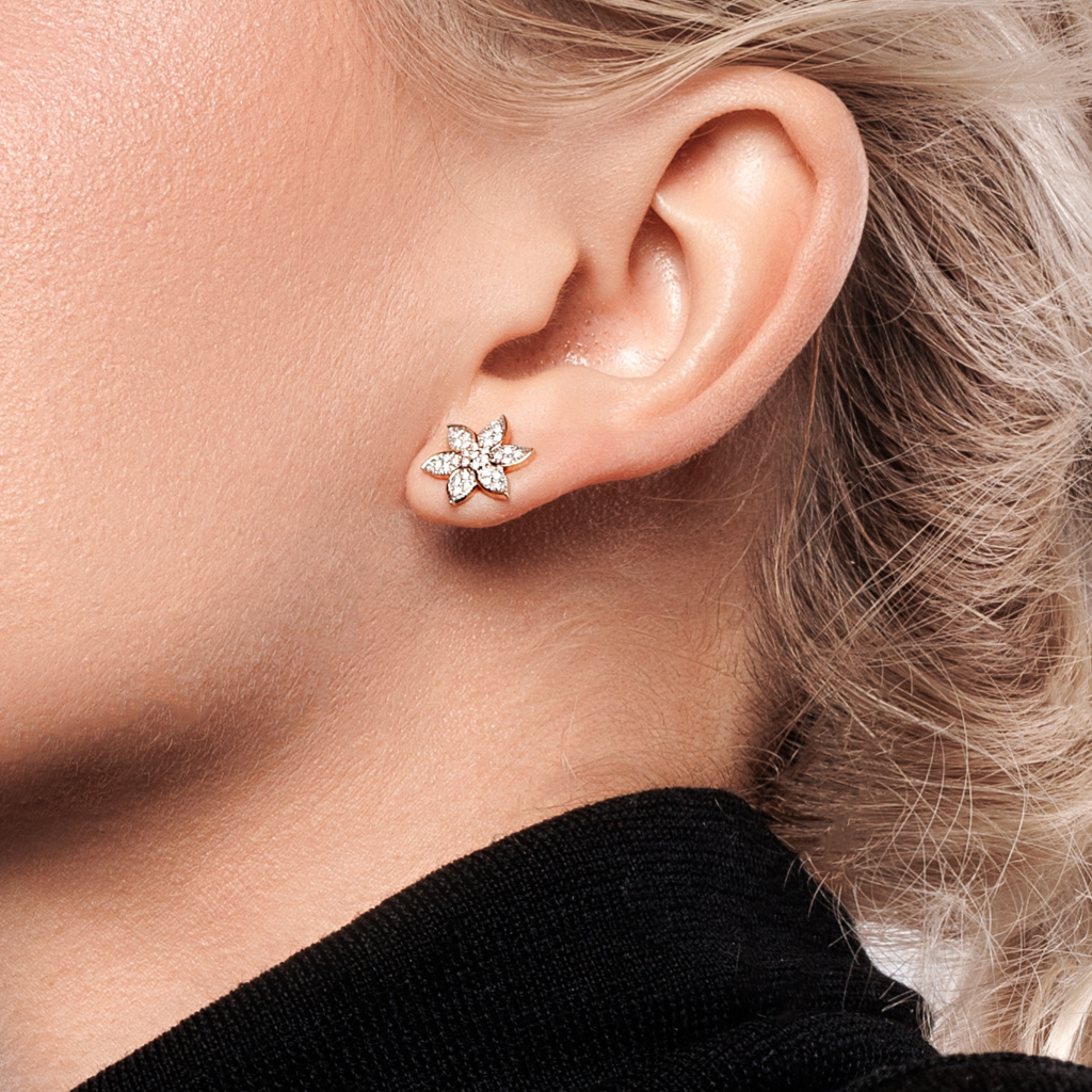 14K Gold Diamond Flower Stud Earrings Close up image
