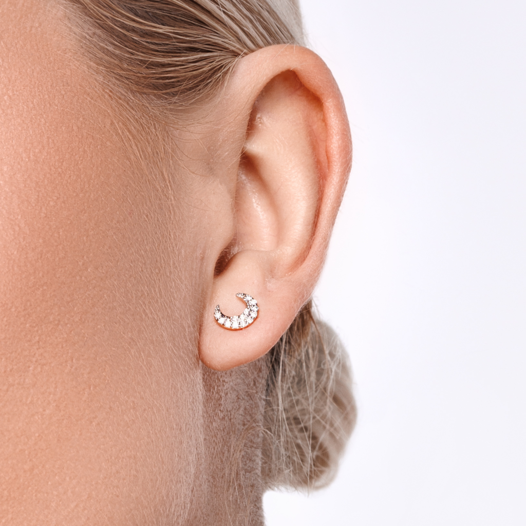 Crescent Moon Diamond White 14K Gold Stud Earrings