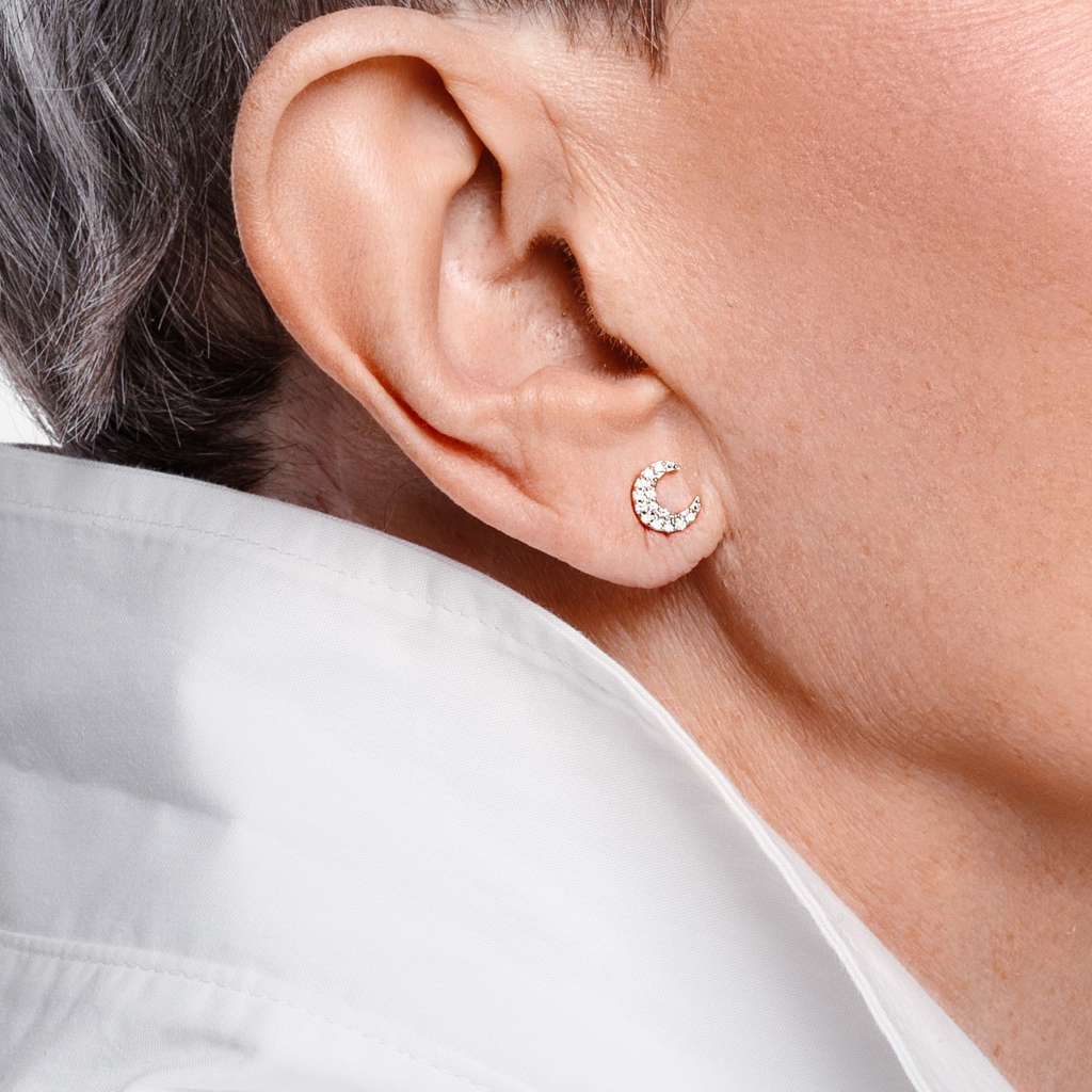 Crescent Moon Diamond White Gold Stud Earrings AA