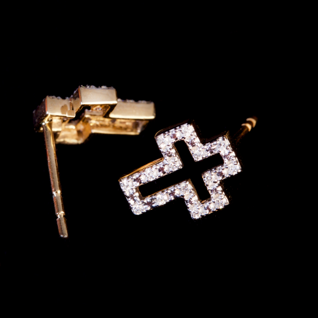 cross earrings-stud earrings-gold-diamond-14K