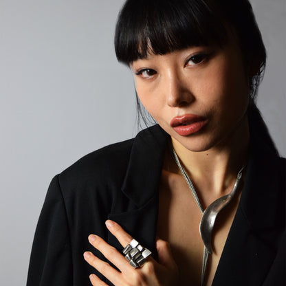 Model wearing adjustable long Eve Necklace &  Gigi Ring with black outfit