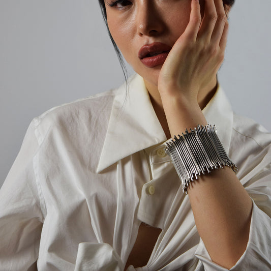Model wearing Grace Bracelet with white stylish shirt