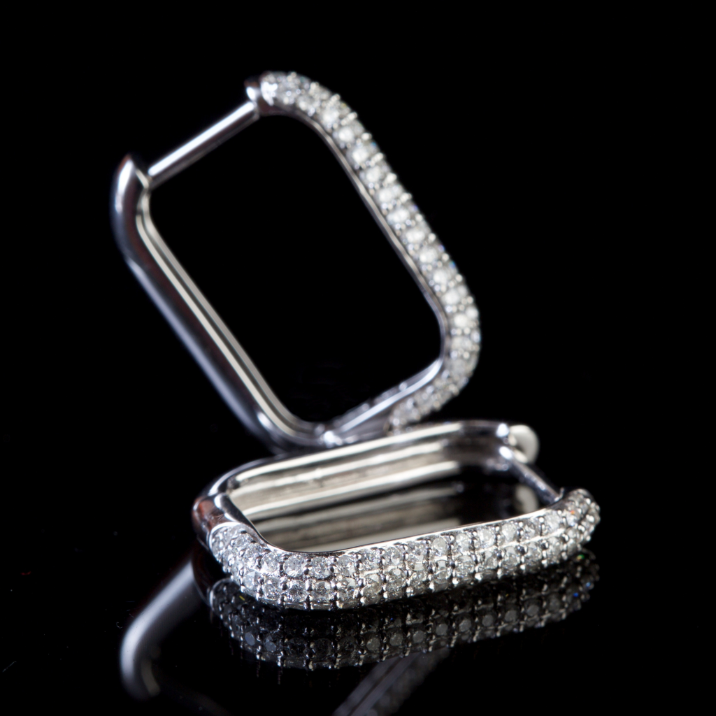 stylish white gold diamond rectangle hoop earrings