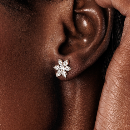 Solid Gold Diamond Flower Stud Earrings Close up Image